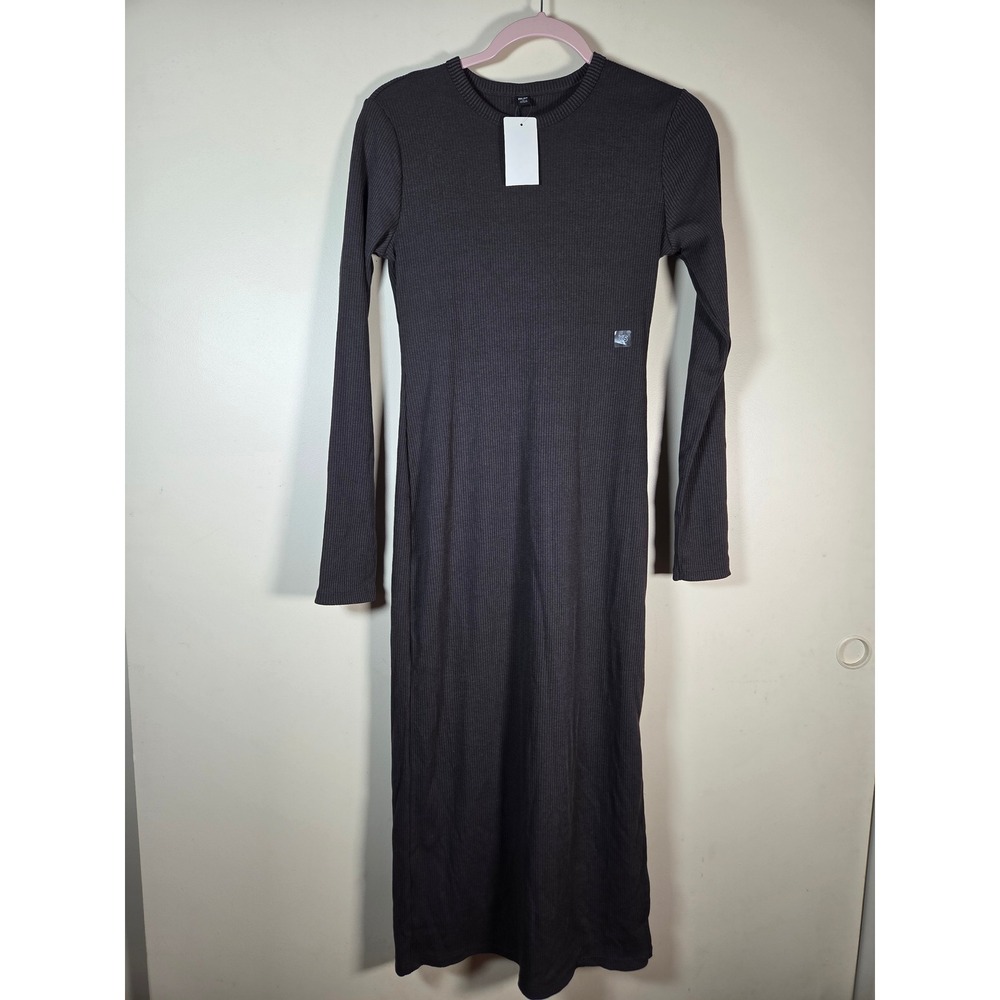 Uniqlo Ribbed Dress Women XS Dark Brown Long Sleeve Maxi Column Gorpcore Minimal